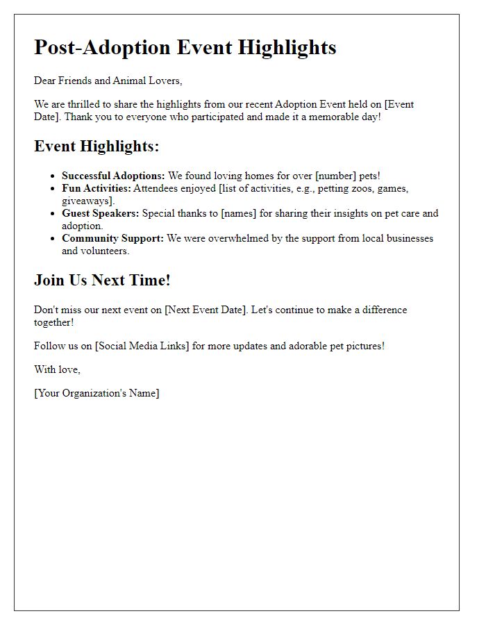 Letter template of event highlights for social media post-adoption event