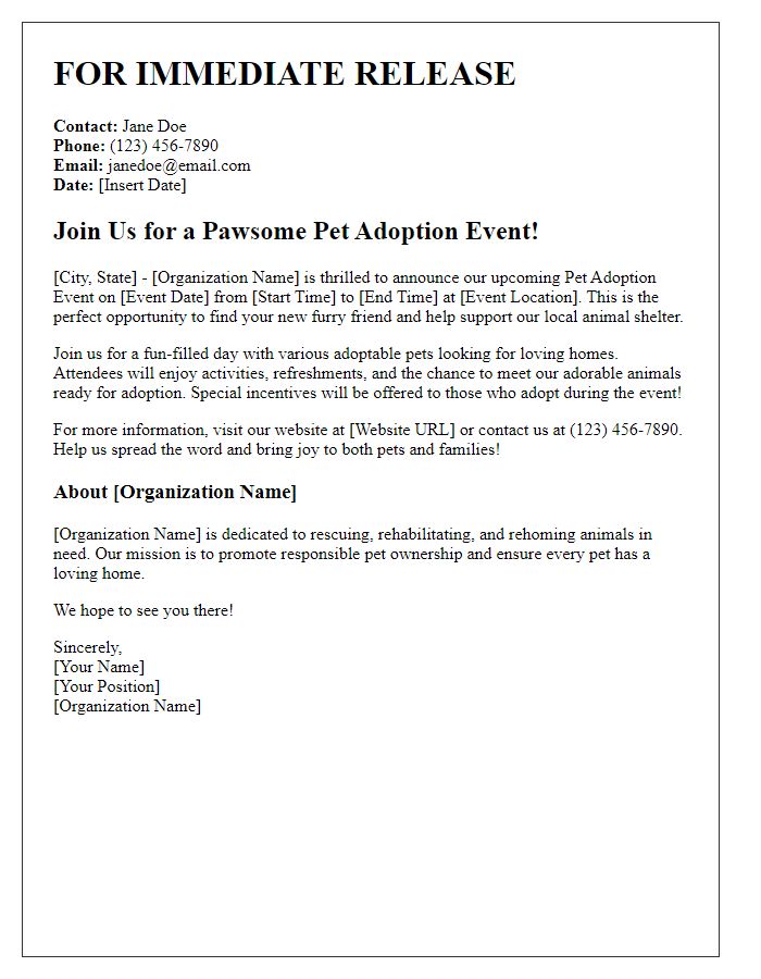 Letter template of press release for a pet adoption event