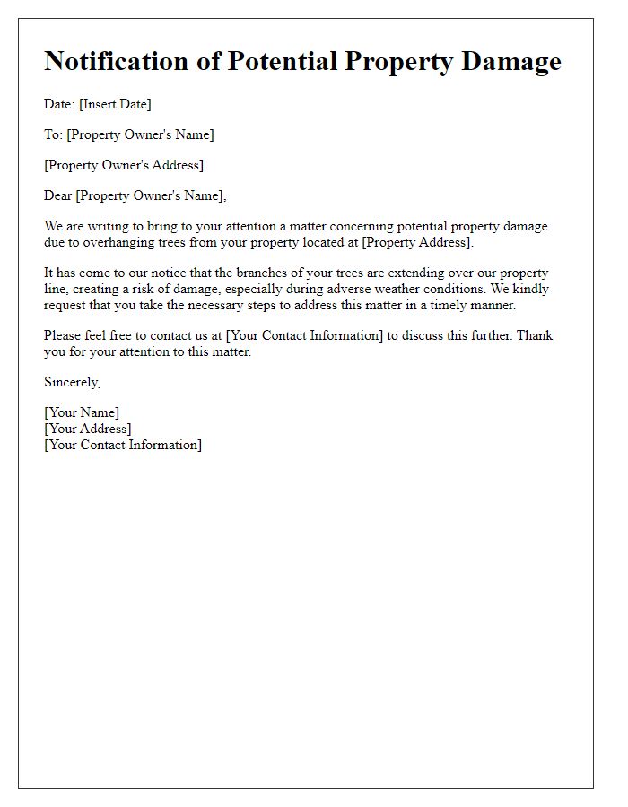 Letter template of notification about potential property damage from overhanging trees