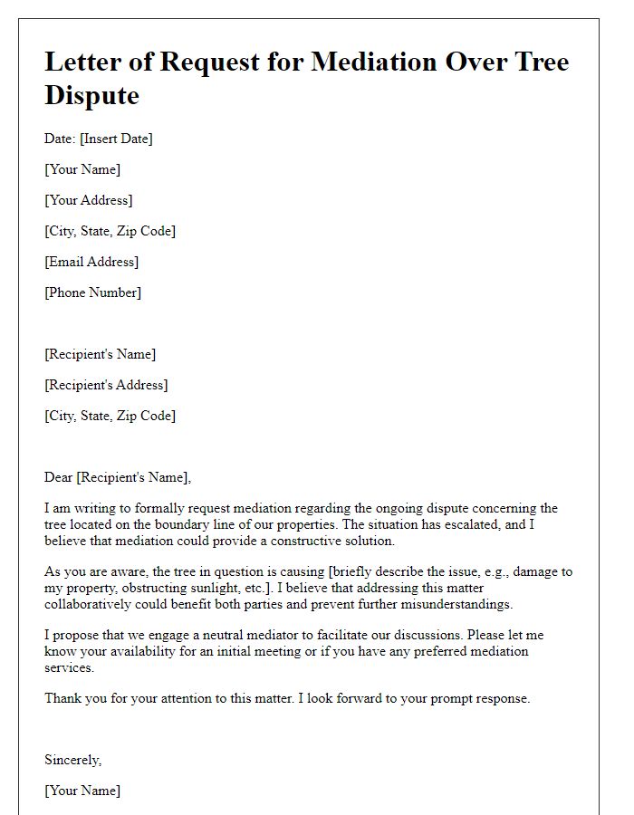 Letter template of request for mediation over tree dispute