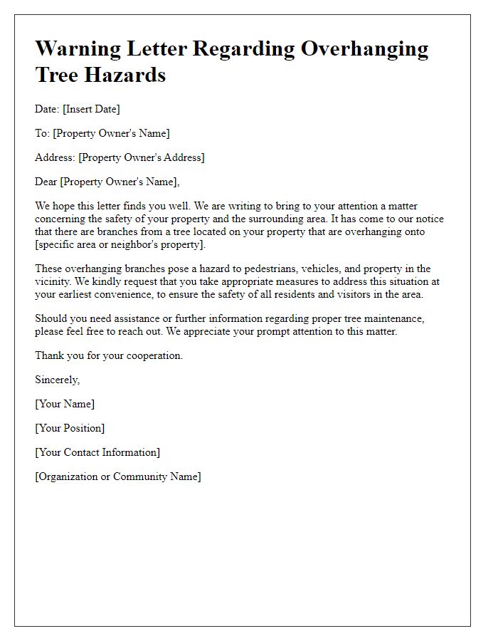 Letter template of warning regarding overhanging tree hazards