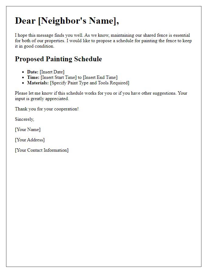 Letter template of shared fence painting maintenance schedule