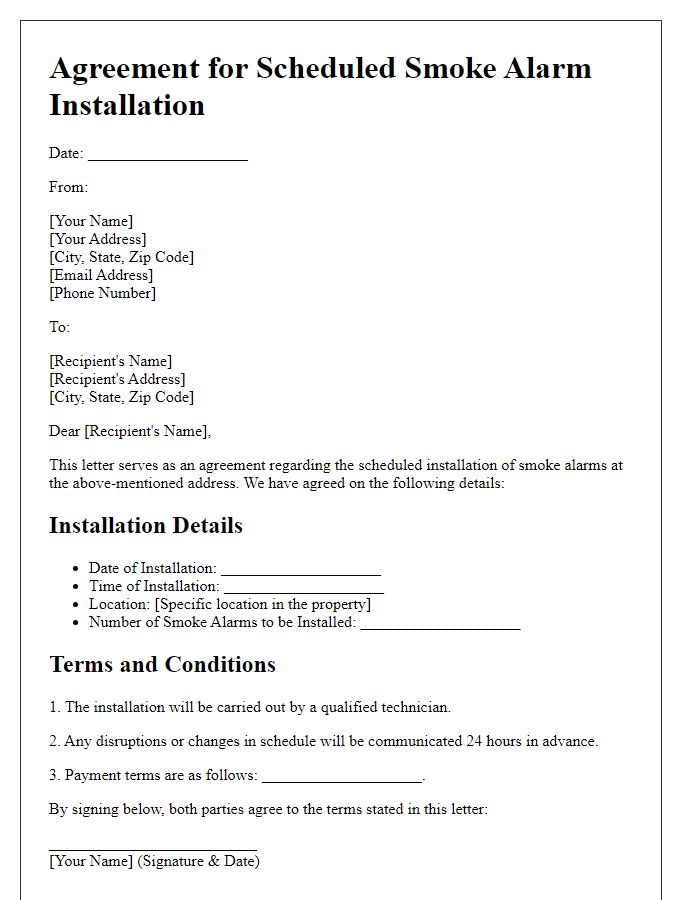 Letter template of agreement on scheduled smoke alarm installation.