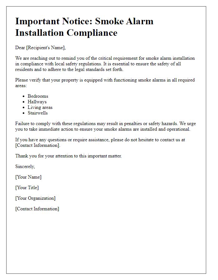 Letter template of alert for smoke alarm installation compliance.