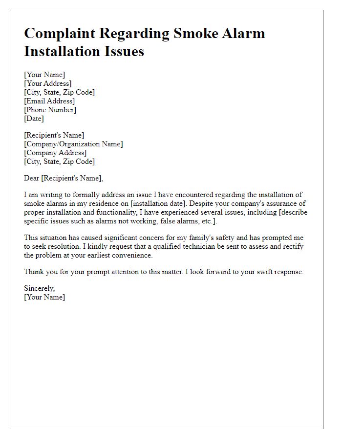 Letter template of complaint regarding smoke alarm installation issues.