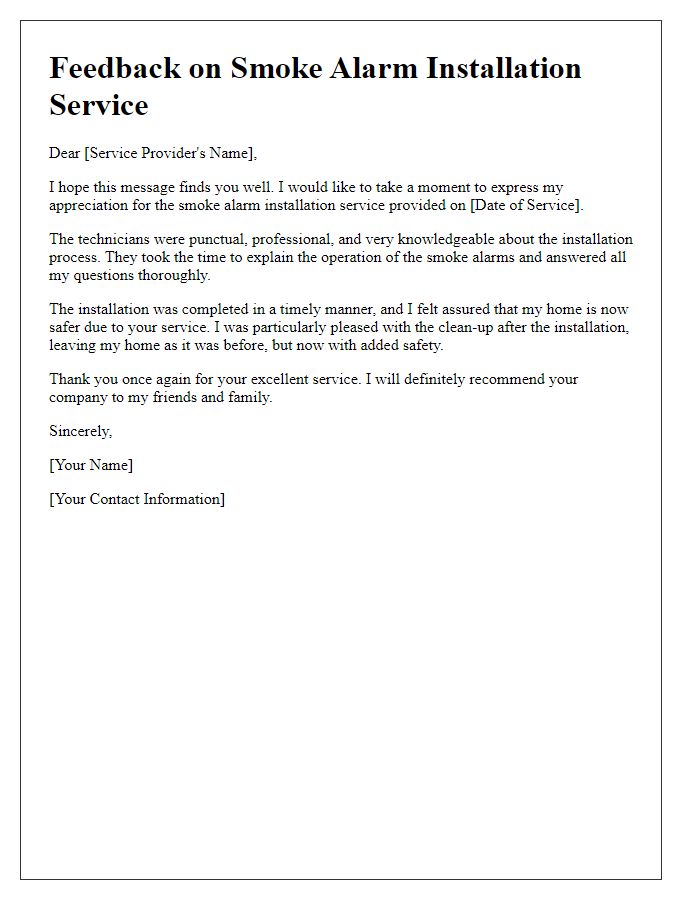 Letter template of feedback after smoke alarm installation service.