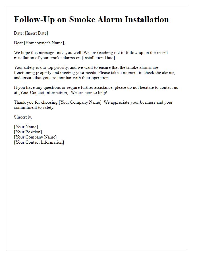 Letter template of follow-up for completed smoke alarm installation.