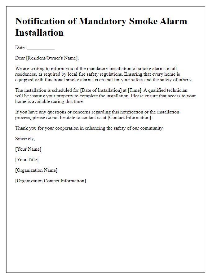 Letter template of notification for mandatory smoke alarm installation.