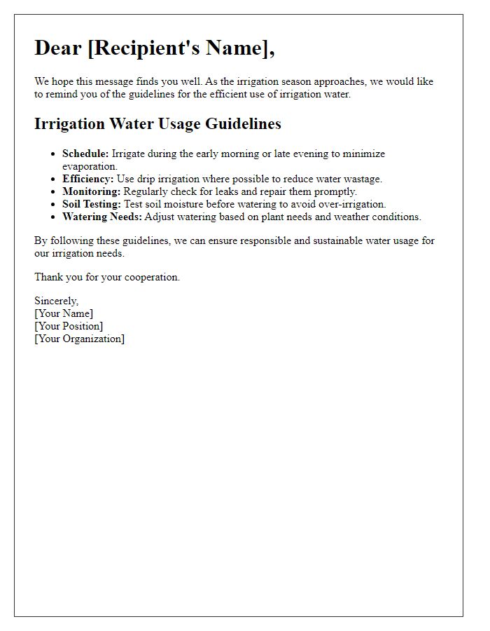 Letter template of irrigation water usage guidelines