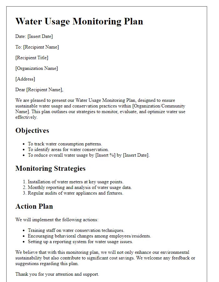 Letter template of water usage monitoring plan