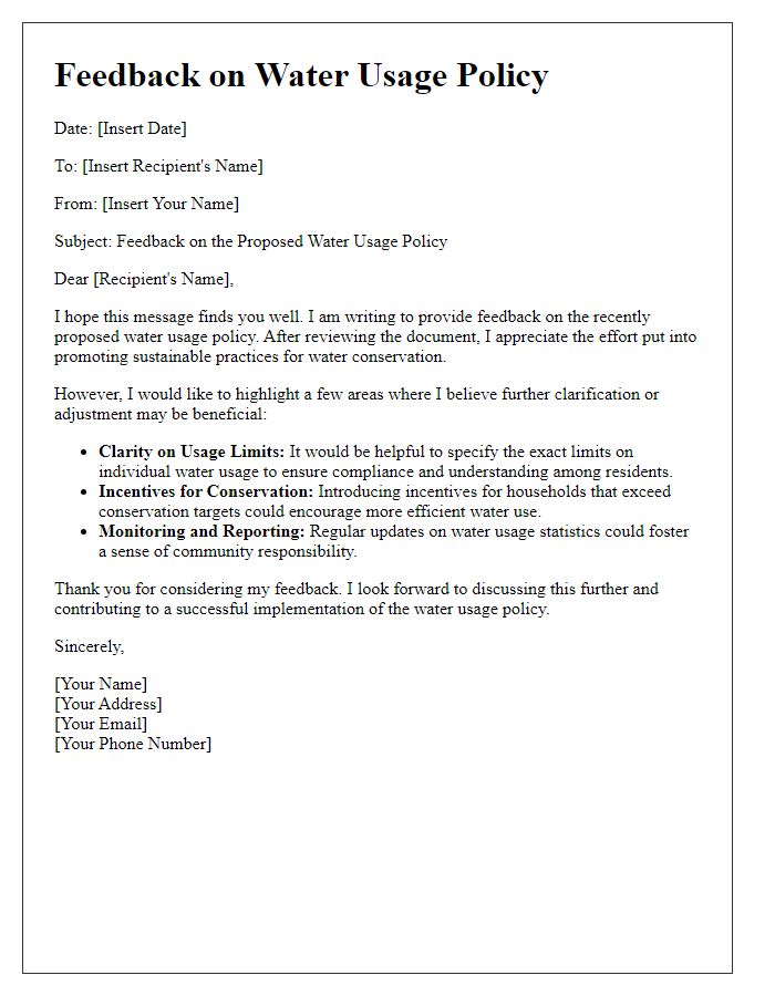 Letter template of water usage policy feedback