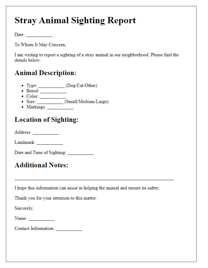 Letter template of stray animal sighting report