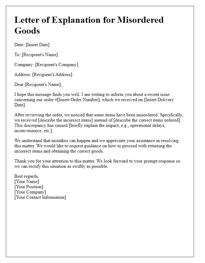 Letter template of explanation for misordered goods