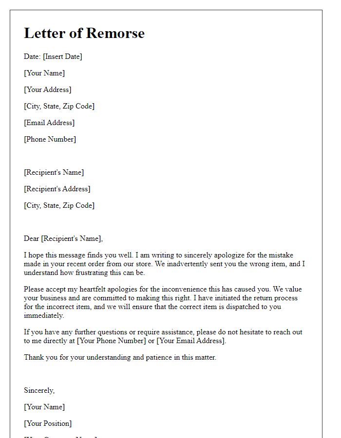 Letter template of remorse for providing the wrong item