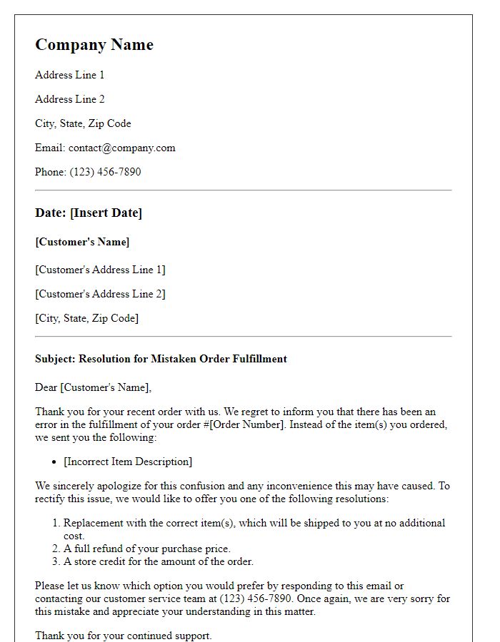 Letter template of resolution for mistaken order fulfillment