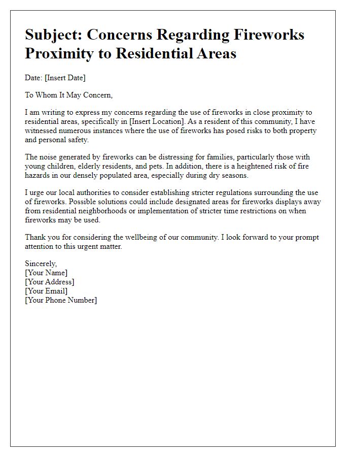 Letter template of fireworks proximity concerns to residential areas