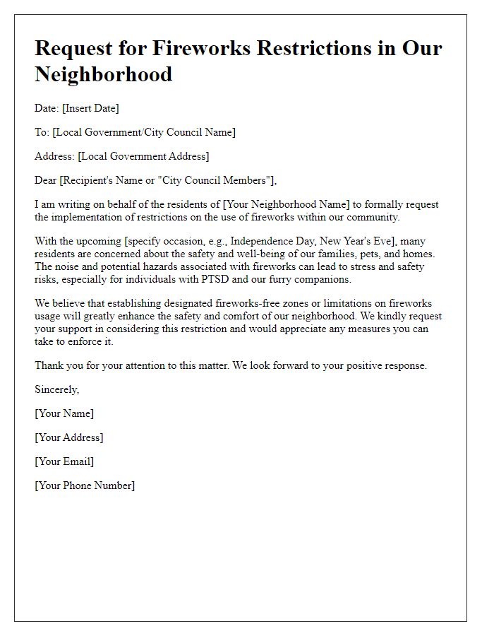 Letter template of fireworks restrictions request for neighborhood