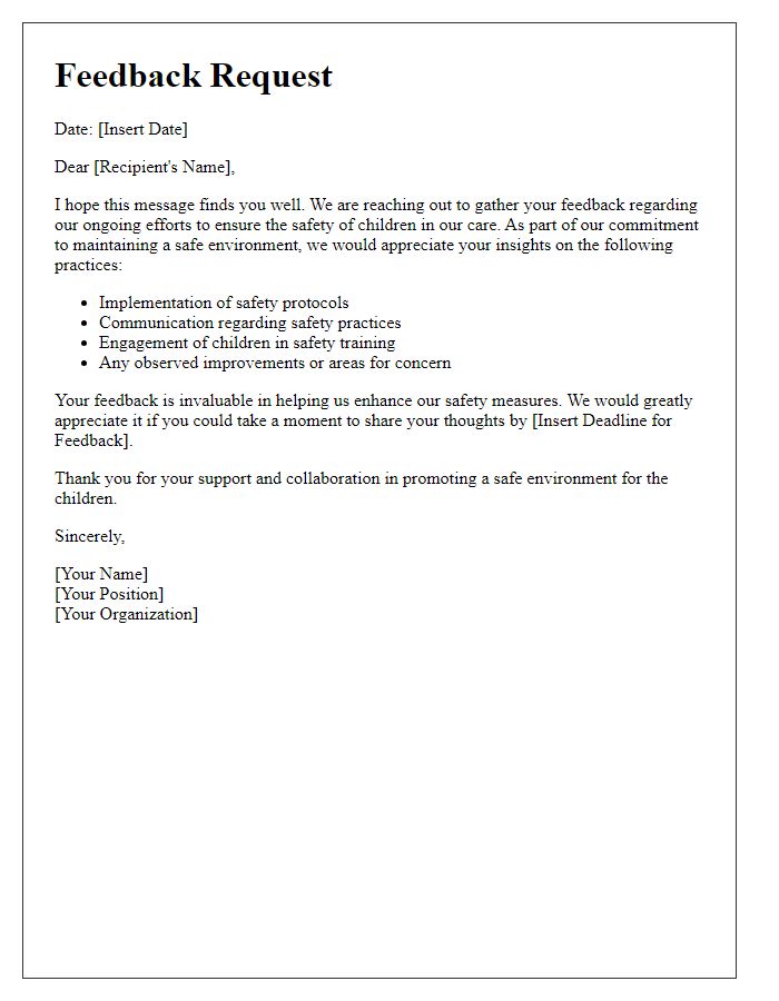 Letter template of feedback request on children's safety practices