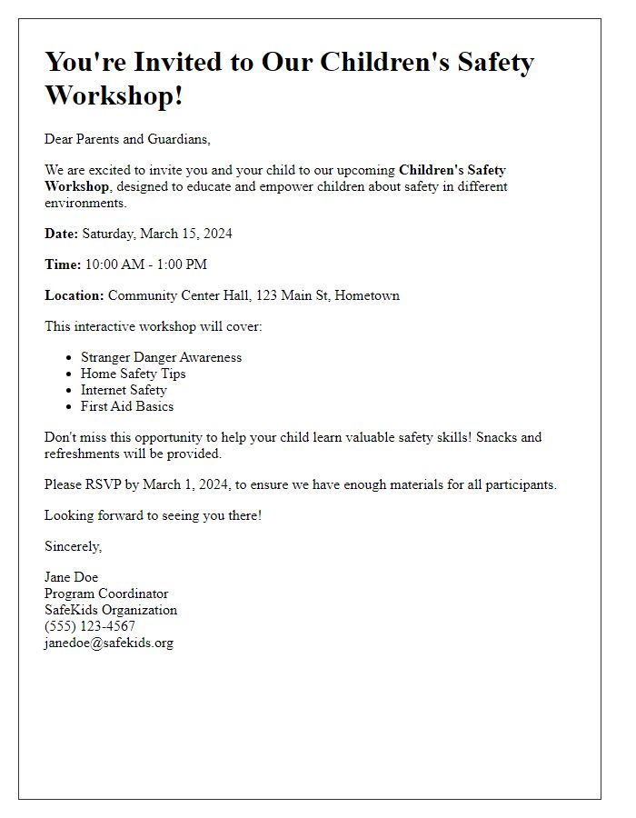 Letter template of invitation for a children's safety workshop