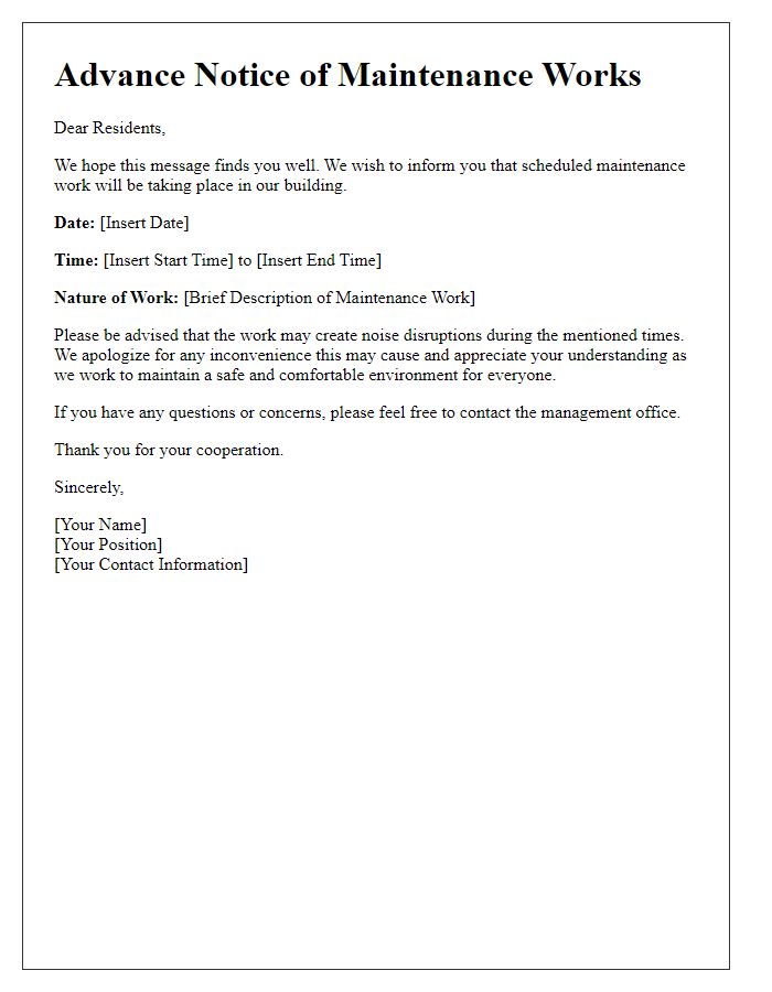 Letter template of advance notice for maintenance noise disruption.