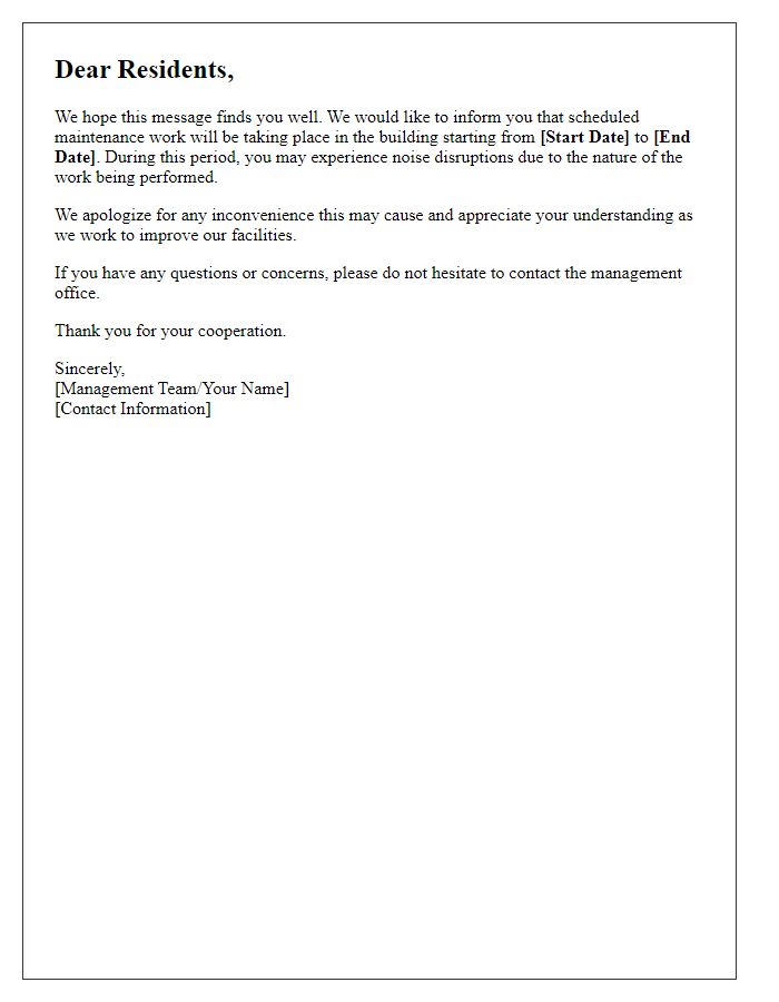 Letter template of maintenance noise notification for residents.