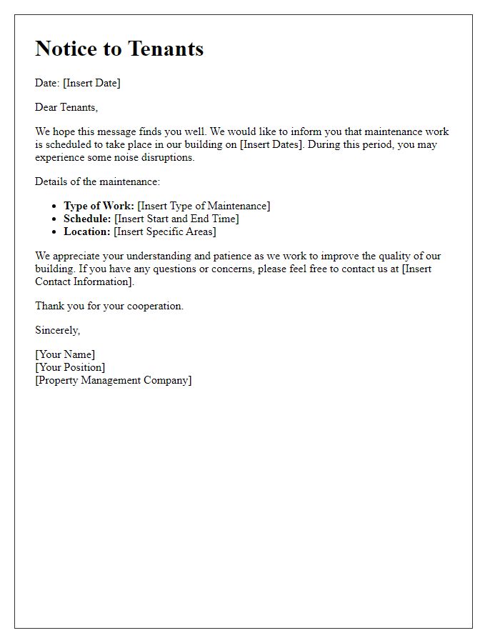 Letter template of maintenance schedule noise advisory for tenants.