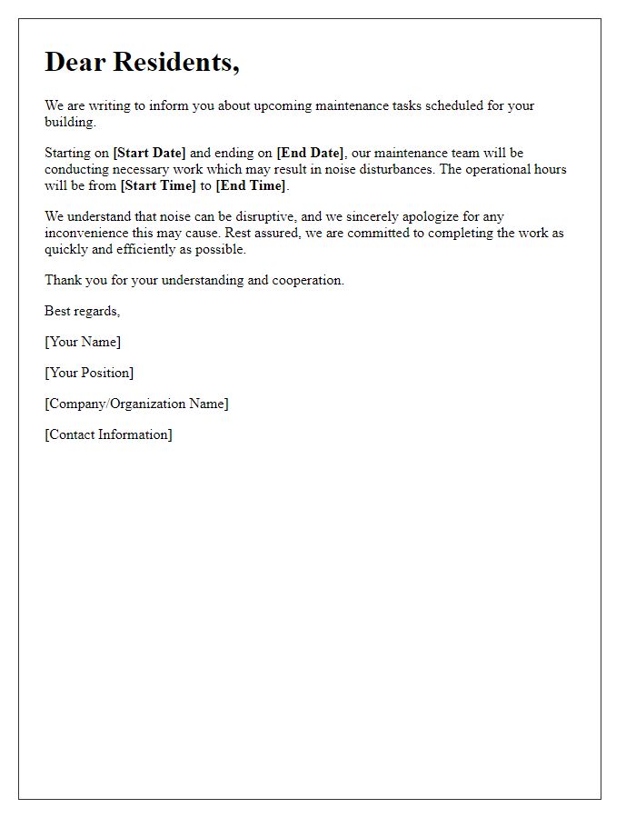 Letter template of notification for residents about noise from maintenance tasks.