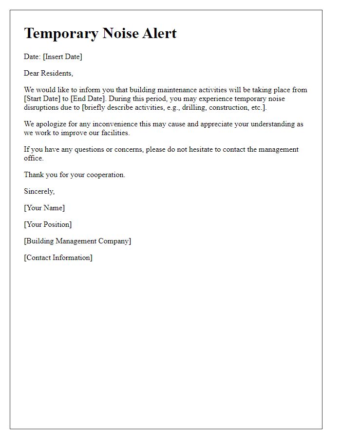 Letter template of temporary noise alert for building maintenance activities.