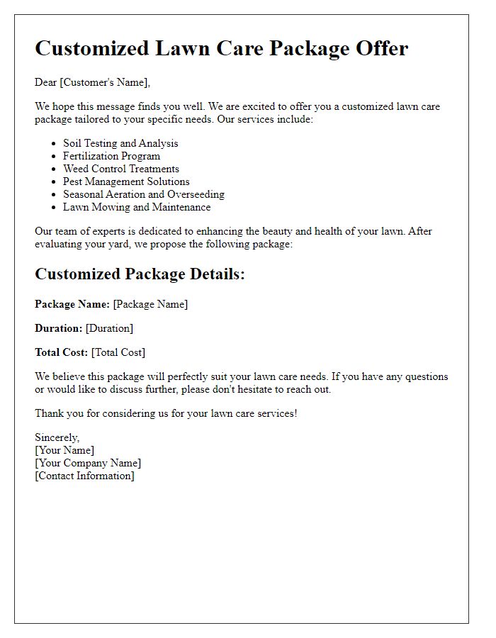 Letter template of customized lawn care package offer