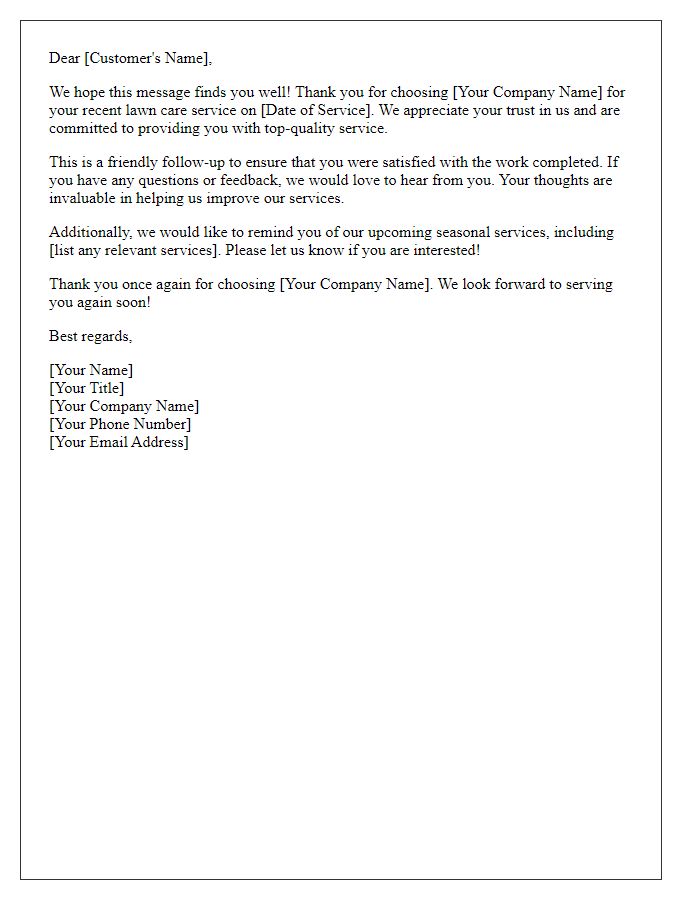 Letter template of follow-up after lawn care service