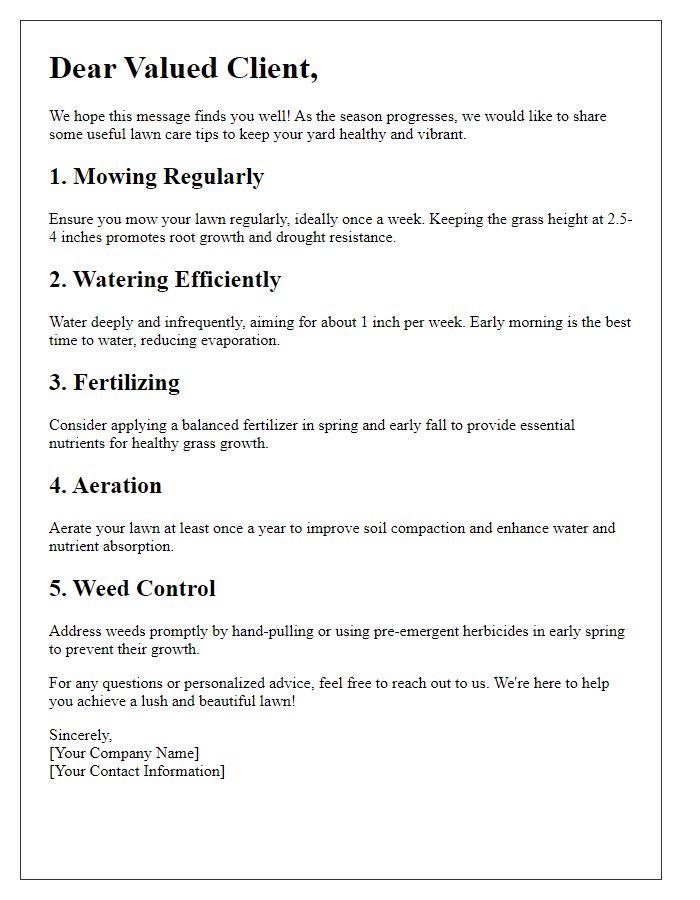 Letter template of lawn care tips and advice for clients