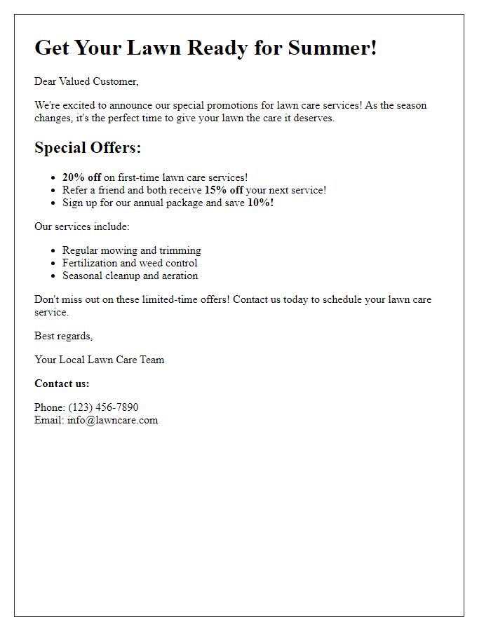 Letter template of special promotions for lawn care services