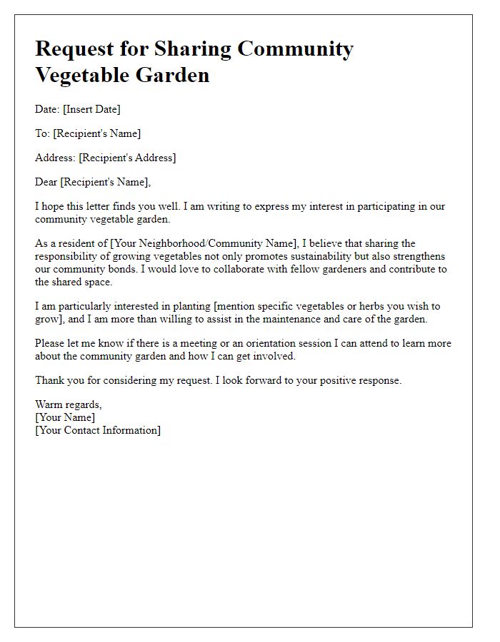 Letter template of community vegetable garden sharing request