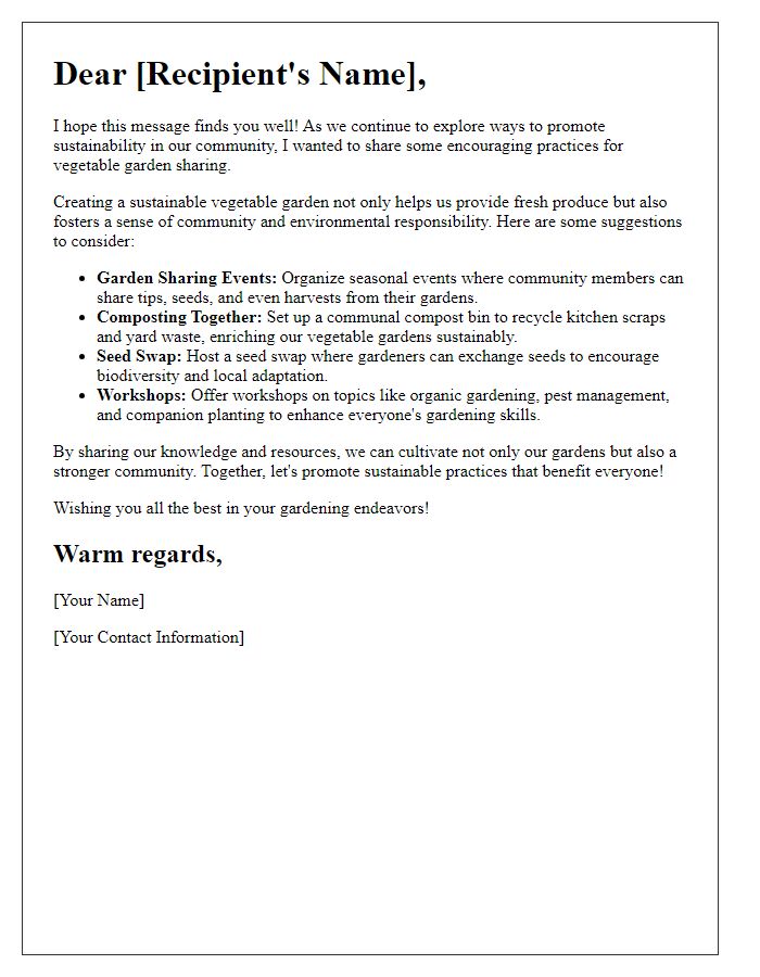 Letter template of encouraging sustainable vegetable garden sharing practices