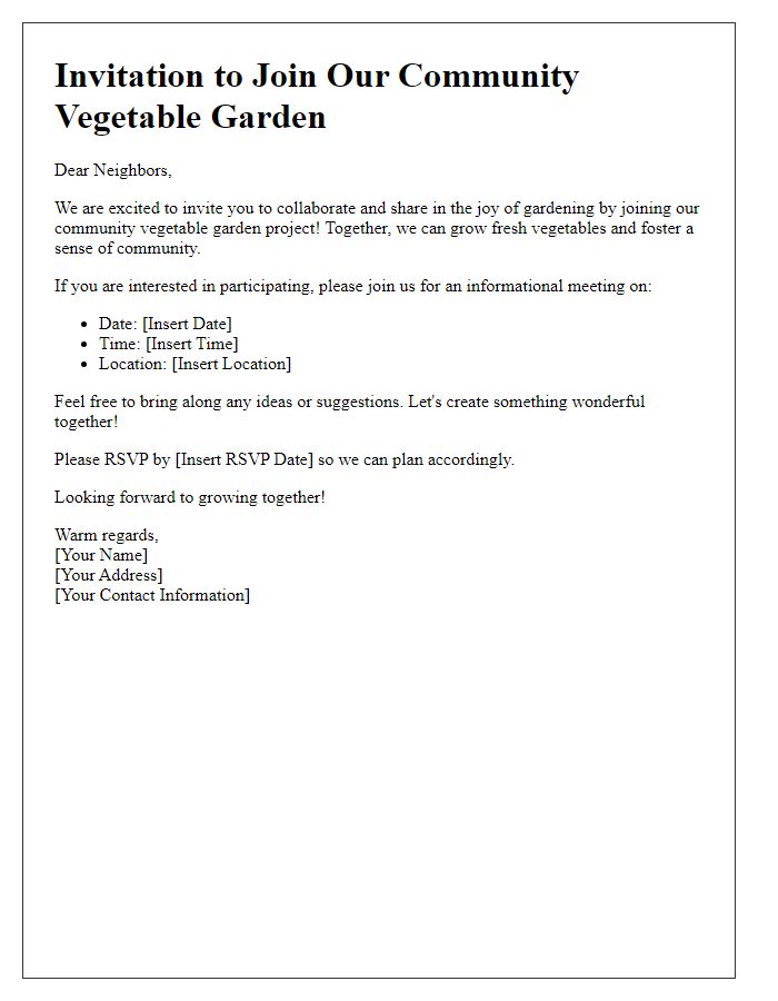 Letter template of inviting neighbors to share a vegetable garden