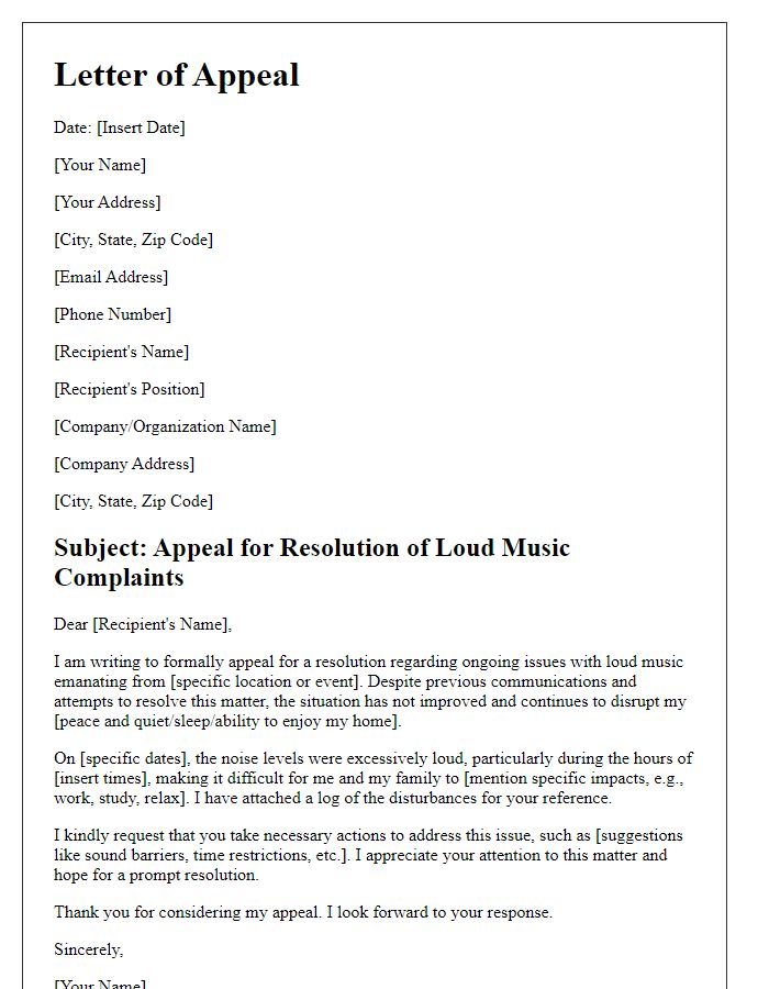 Letter template of appeal for resolution of loud music complaints