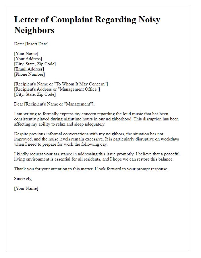 Letter template of complaint about nighttime loud music interference