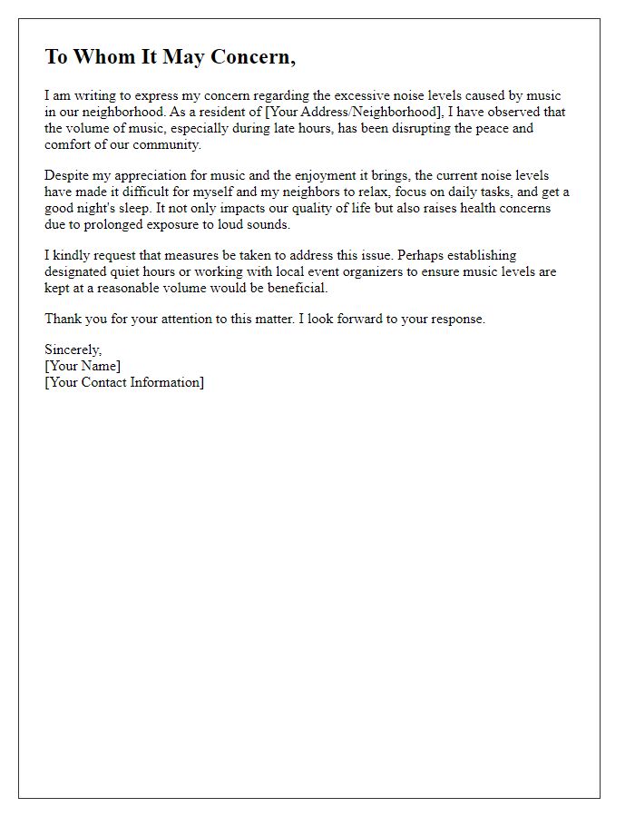 Letter template of concern regarding music noise pollution