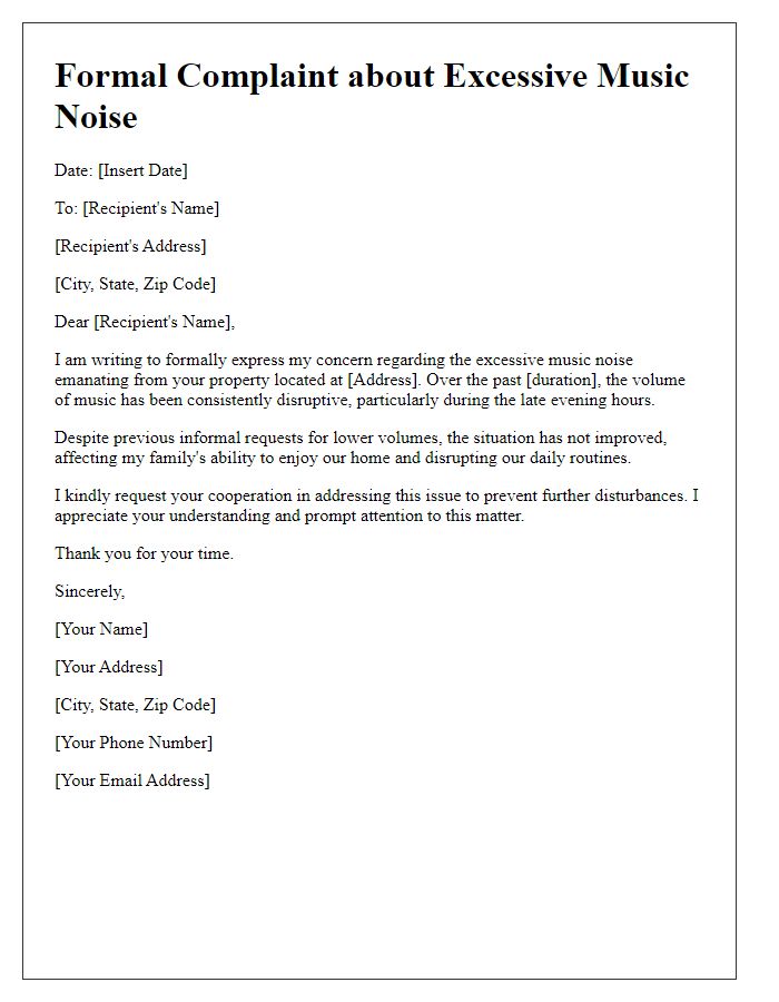 Letter template of formal complaint about excessive music noise