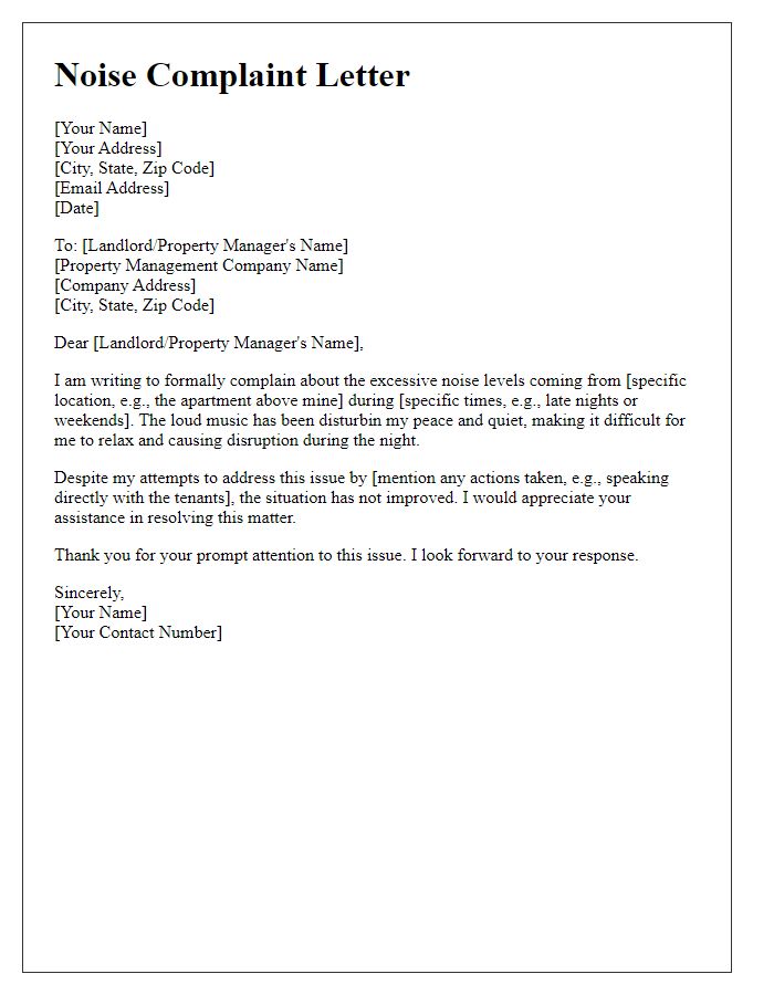 Letter template of noise complaint regarding loud music disturbance