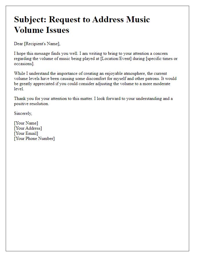 Letter template of request to address music volume issues