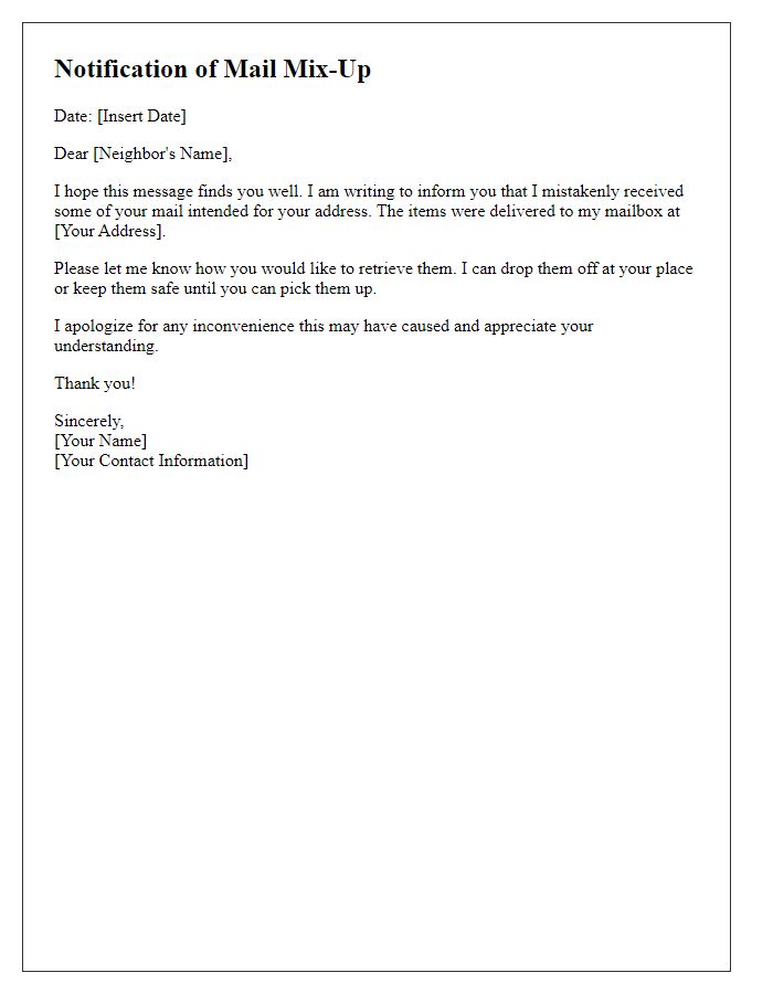 Letter template of notification for neighbor regarding mail mix-up