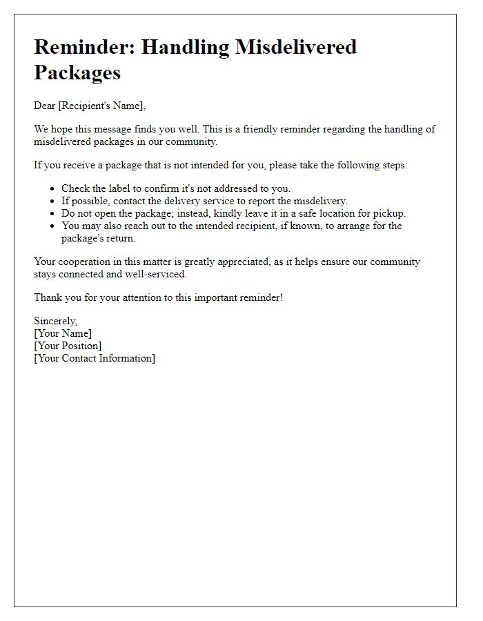 Letter template of reminder about handling misdelivered packages