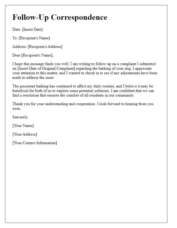 Letter template of follow-up correspondence on dog barking complaint