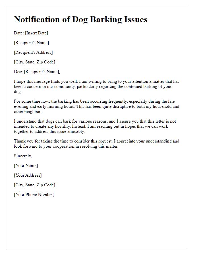 Letter template of notification letter for continual dog barking problems