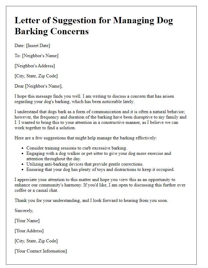 Letter template of suggestion for managing dog barking concerns