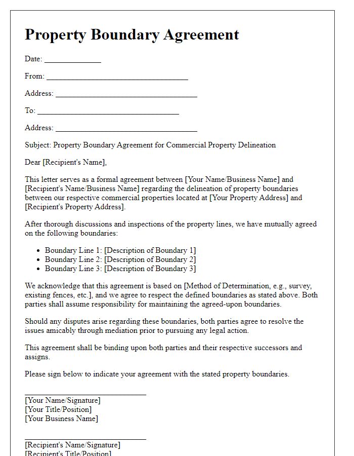 Letter template of property boundary agreement for commercial property delineation