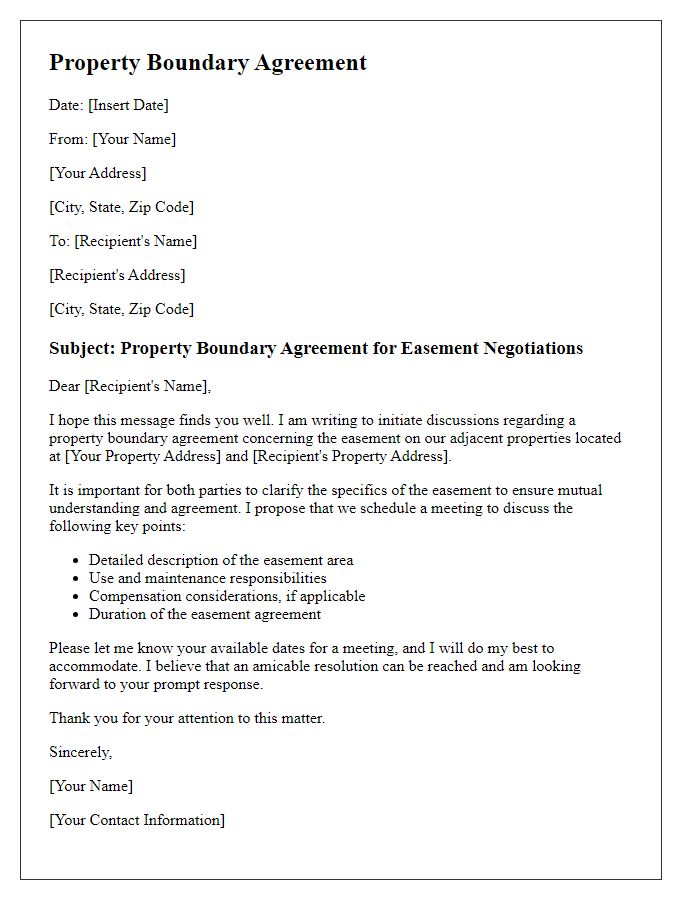 Letter template of property boundary agreement for easement negotiations