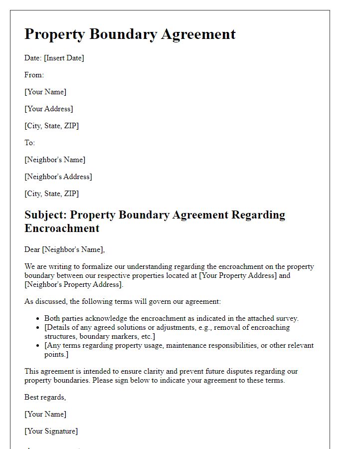 Letter template of property boundary agreement for encroachments