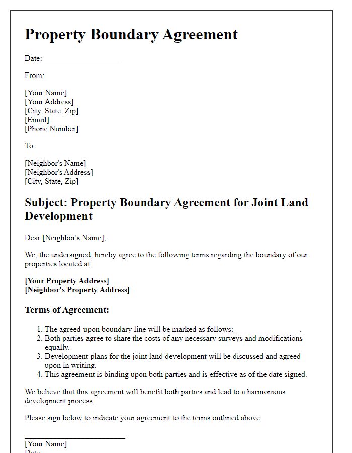 Letter template of property boundary agreement for joint land development